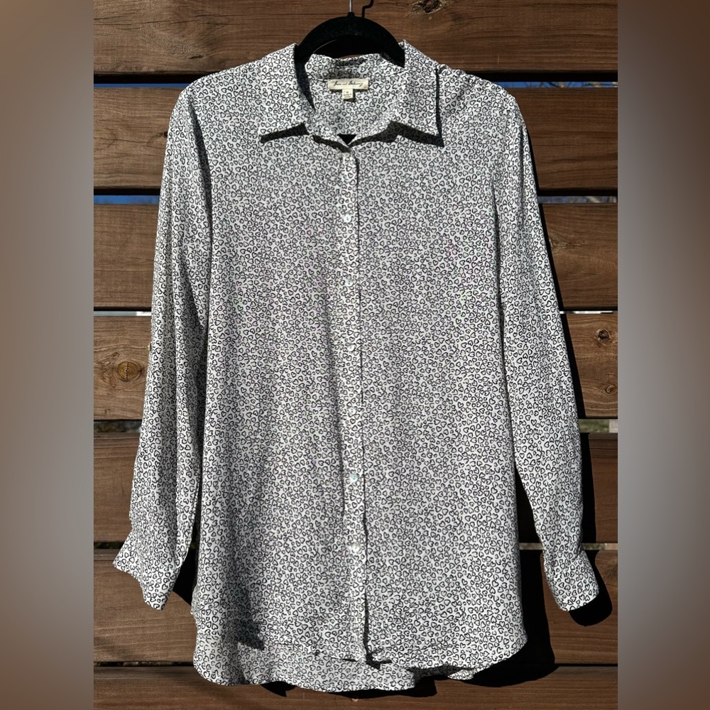 Jane and Delancey Heart Patterned Black White Button Down Soft Flowy Blouse